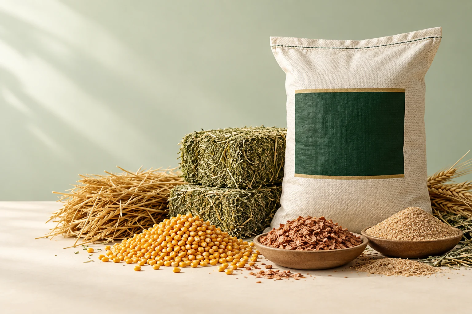AI-generated illustrative arrangement of hay, maize, feed ingredients and an unbranded feed sack